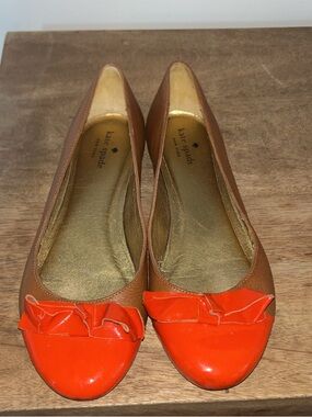 Kate Spade Brown Leather Flats with Bright Orange Patent Toe